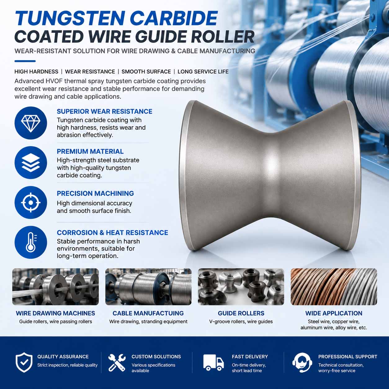 Tungsten Carbide Coating for Wire Drawing Machine Tower Pulleys Tungsten Carbide Coating for Wire Drawing Machine Tower Pulleys